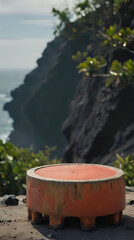 Naklejka premium a large orange bowl sitting on a rock near the ocean