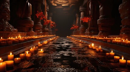 Obraz premium Candles illuminate the passage in the dungeon along the stone path. 