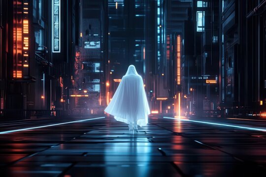 A futuristic figure in a glowing cloak walks through a neon-lit cityscape, evoking mystery and advanced technology.