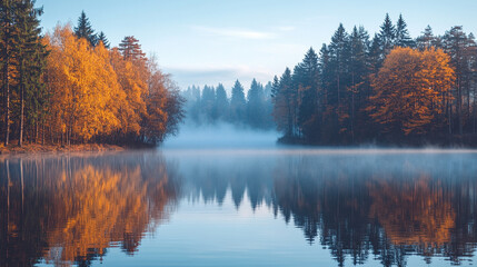 Serene lake shrouded in mist at dawn, reflecting the calm water and distant horizon. Ideal for themes of tranquility, introspection, and natural beauty