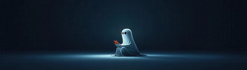 A whimsical ghost character sitting in a dimly lit environment, creating a mysterious and playful atmosphere.