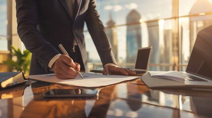Businessperson using digital pen on tablet with data analysis in modern office