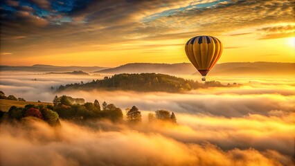 Obraz premium Hot air balloon floating in a golden dawn sky above a mist-shrouded landscape, hot air balloon, floating, golden dawn, sky