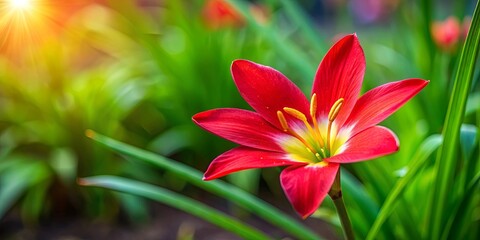 Fototapeta premium Beautiful red Zephyranthes carinata Lily flower blooming in a garden, red, Zephyranthes carinata, Lily, flower, blooming