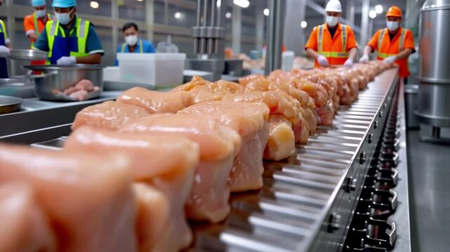 In a contemporary poultry plant, chickens are hung on a chain conveyor for the cut-up portion.