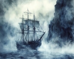 Obraz premium A mysterious ship sails through foggy water near a rocky cliff, evoking a sense of adventure and exploration on the high seas.