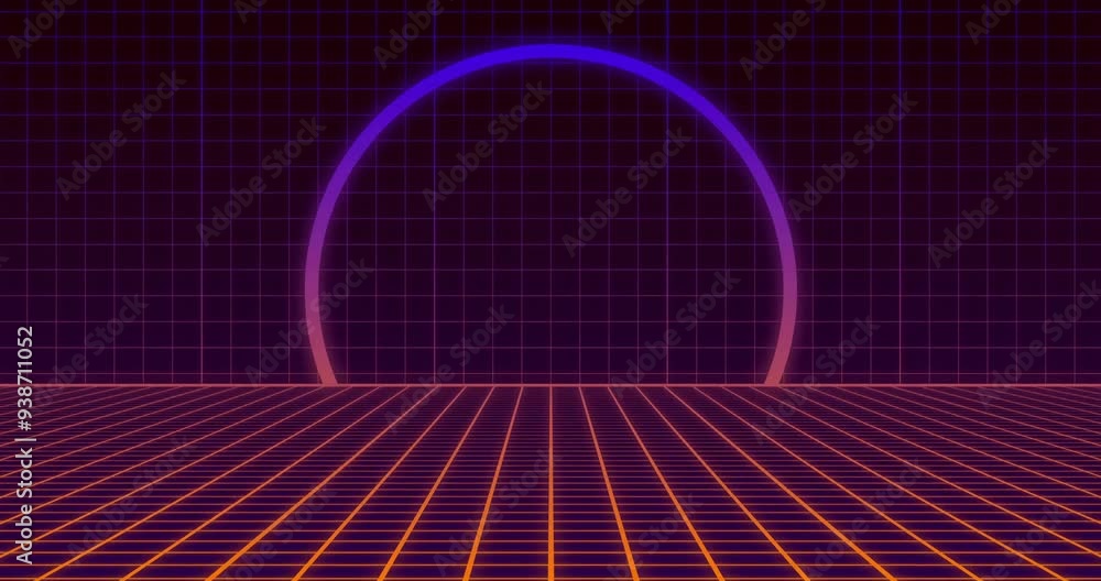 Poster retro grid floor and glowing arch animation over dark grid background