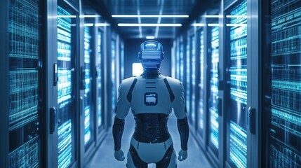 Futuristic robot navigating a high-tech data center filled with glowing servers and digital interfaces.