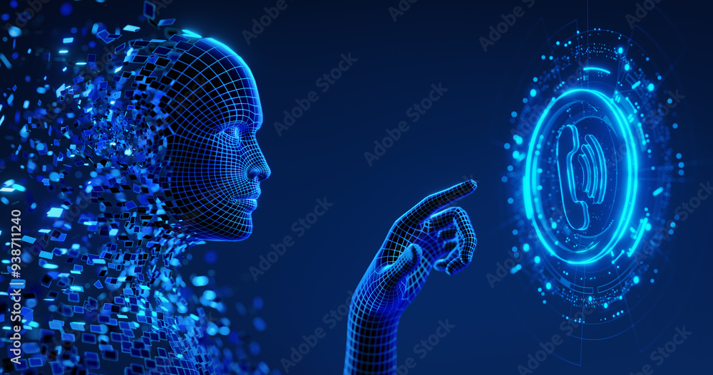 Poster human digital avatar as a symbol of ai presses a virtual button on screen with call icon. business, 