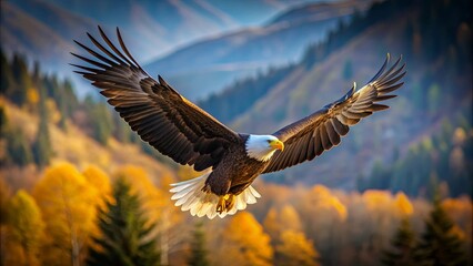 Obraz premium Majestic American bald eagle in flight, wildlife, bird of prey, national bird, symbolic, freedom, strength, wingspan, feathers