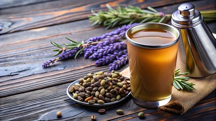 Fototapeta premium Flask of chai tea with cardamom pods and lavender sprig on the brim, chai tea, flask, cardamom pods, lavender, drink