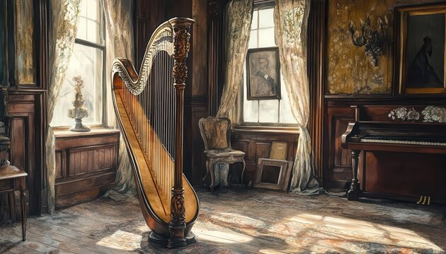 A vintage harp in an elegant, sunlit room, showcasing classic decor and a serene atmosphere perfect for music lovers.