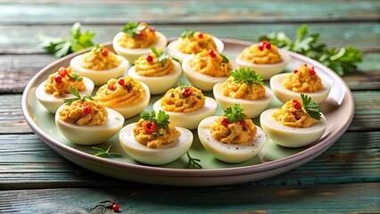 Deviled eggs on a plate with copy space, food, appetizer, deviled eggs, plate, eggs, creamy, delicious, snack