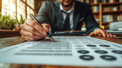 businessman’s hand holding a pen, gesturing to highlight key points during a discussion. Represents decision-making, leadership, focus, and professional analysis