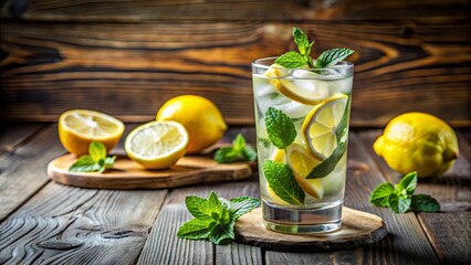 Fototapeta premium Refreshing mojito cocktail on a wooden table with lemon-infused water, lemon slices