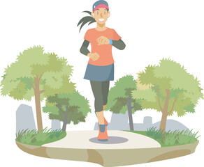 初夏の公園を走る女性ランナーのイラスト
