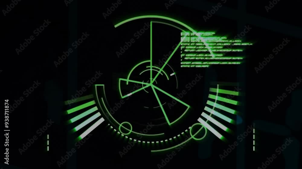 Poster green digital interface with rotating elements and data processing animation