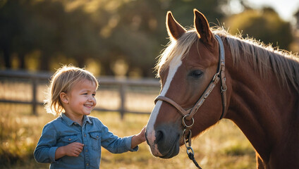 Young boy cheerfully interacts with a horse, their smiles reflecting a bond of trust and friendship in a sunny pasture.