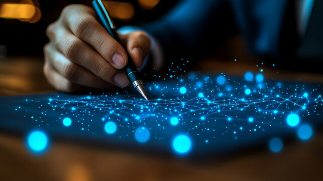 businessman’s hand holding a pen, gesturing to highlight key points during a discussion. Represents decision-making, leadership, focus, and professional analysis