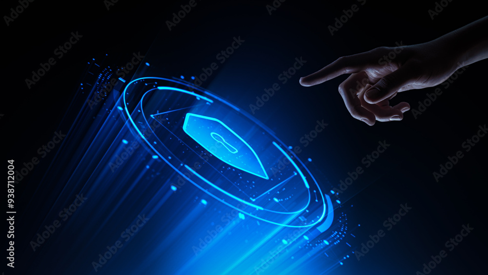 Aufkleber hand touching a digital virtual screen with a shield icon. cyber security and data protection concep
