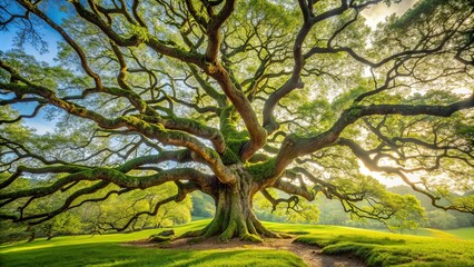 Fototapeta premium Ancient oak tree with twisted branches in serene countryside setting , oak tree, ancient, twisted branches, serene