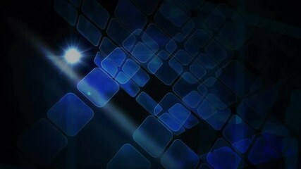 Blue geometric shapes and light effects animation over dark background