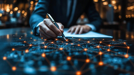 businessman’s hand holding a pen, gesturing to highlight key points during a discussion. Represents decision-making, leadership, focus, and professional analysis