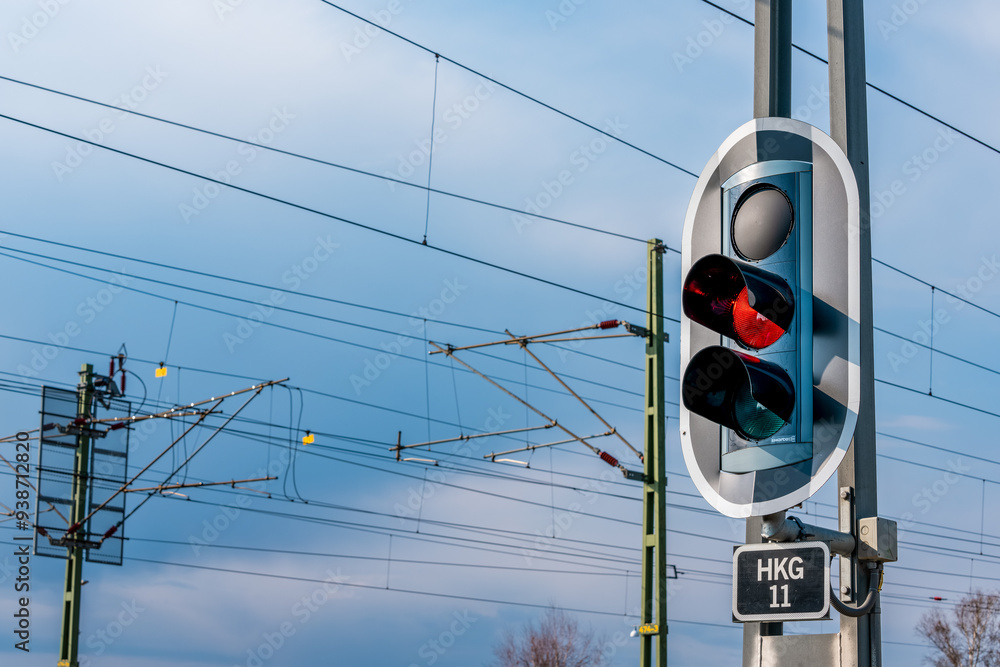 Wall mural railway signals, electric wires and blue sky