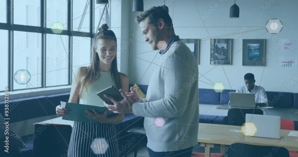 Poster collaborating in office, business people with network connections and data processing animation