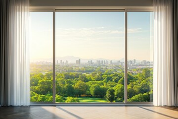 A stunning view of a lush green park and distant cityscape through large floor-to-ceiling windows on a bright sunny day.