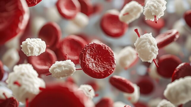 A microscopic view of red blood cells interacting with platelets and white blood cells, showcasing the intricate teamwork of the immune system