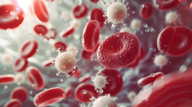 A microscopic view of red blood cells interacting with platelets and white blood cells, showcasing the intricate teamwork of the immune system