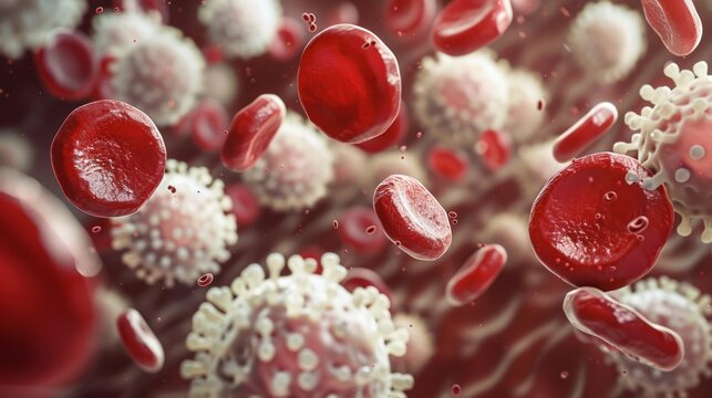 A microscopic view of red blood cells interacting with platelets and white blood cells, showcasing the intricate teamwork of the immune system