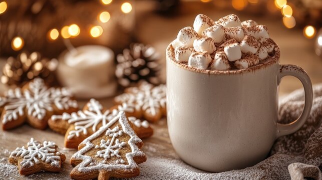 Cozy Winter Scene with Hot Chocolate, Marshmallows, and Festive Gingerbread Cookies