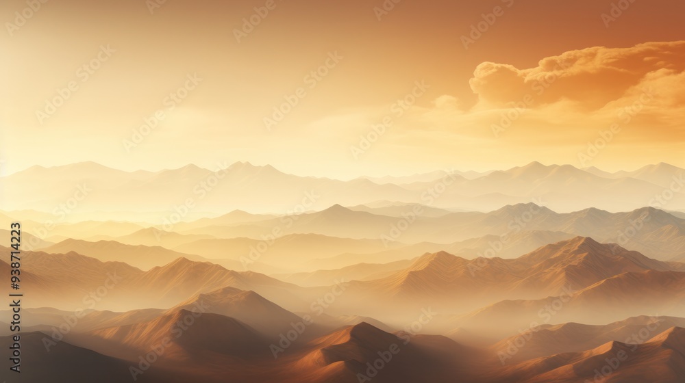 Poster a panoramic view of a vast mountain range bathed in the golden hues of sunset, with the fog creating