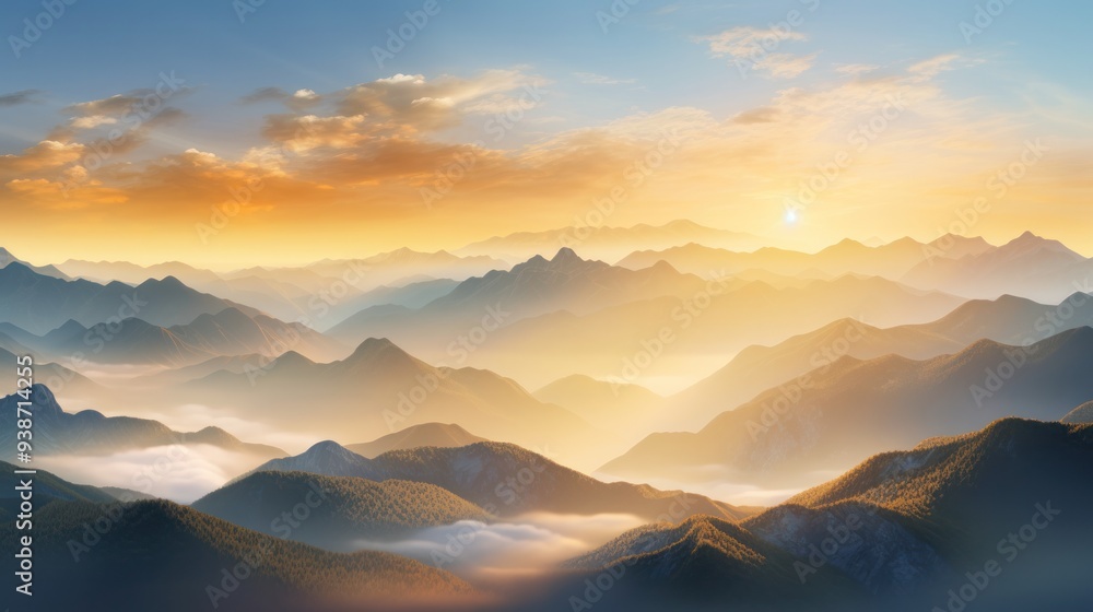 Poster a panoramic view of a vast mountain range bathed in the golden hues of sunset, with the fog creating