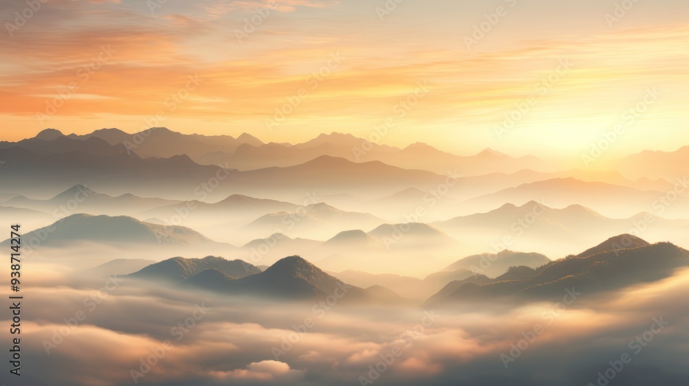 Aufkleber a panoramic view of a vast mountain range bathed in the golden hues of sunset, with the fog creating