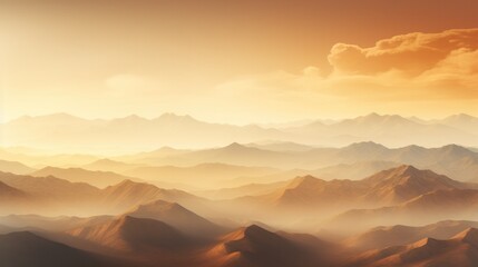 Obraz premium A panoramic view of a vast mountain range bathed in the golden hues of sunset, with the fog creating a mesmerizing interplay of light and shadow.