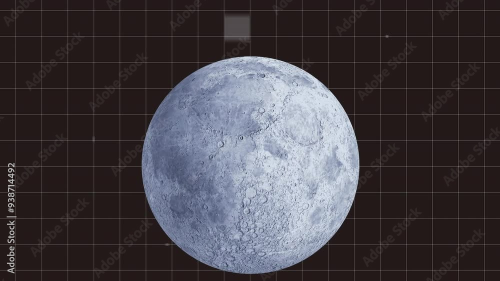 Poster rotating moon animation over grid background in space