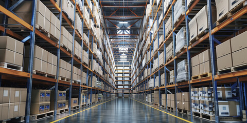 distribution warehouse with rows of towering shelves filled with boxes