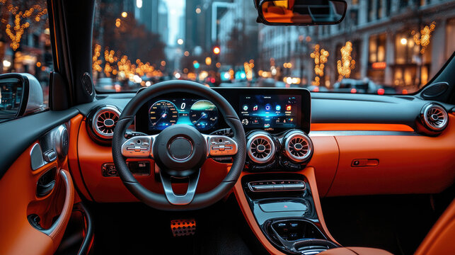 Modern Car Interior Dashboard in City at Night with Festive Lights