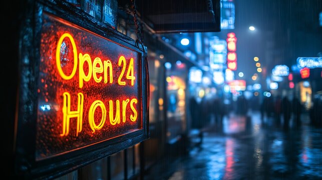 Neon open 24 hours sign glowing in the night street with blurred city lights background, evoking urban nightlife and convenience.
