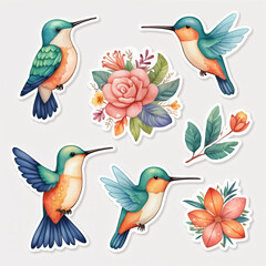 Obraz premium A collection of charming illustrations featuring various colorful hummingbirds and blooming flowers. The vibrant colors and detailed artwork showcase the beauty of nature. Generated AI