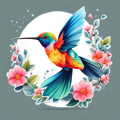 A colorful illustration of a hummingbird in flight, surrounded by blooming flowers. The bird displays an array of vibrant colors and full motion. Perfect for nature lovers. Generated AI