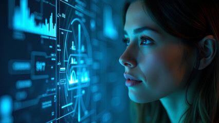 Futuristic technology theme featuring a digital interface A woman gazes at a holographic 