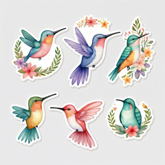A collection of six vividly colored stickers depicting various species of hummingbirds and a variety of colorful flowers and leaves, perfect for decorative purposes. Generated AI