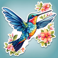 A captivating illustration of a vibrant hummingbird flying amidst blooming flowers. The bird's colorful plumage and the beautifully illustrated flowers create a lively scene. Generated AI