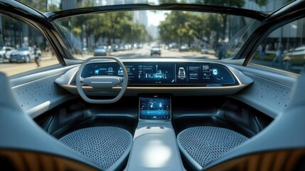 Futuristic Electric Car Interior with Advanced Touchscreen Dashboard Display on City Street