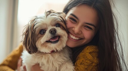 Portrait of woman standing outdoors in garden, holding pet dog.