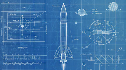 Blueprint of a rocket with technical schematics and planetary design